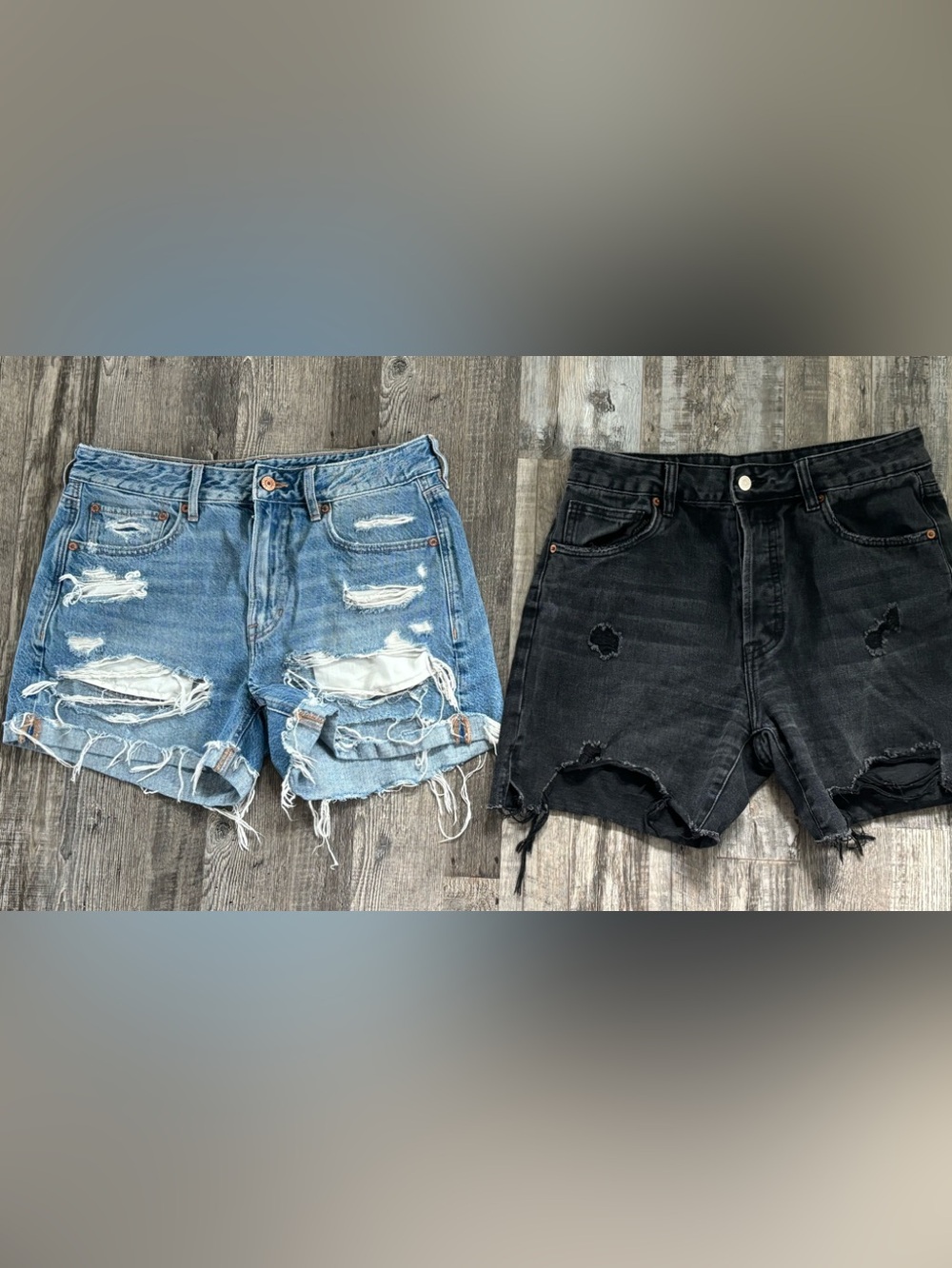 American Eagle Outfitters Distressed Light Blue and Black Jean Shorts